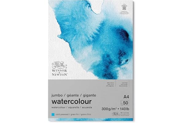 Winsor & Newton Papier, Mélange de 25% Coton et Fibres de Cellulose, Aquarelle Bloc Jumbo Grain Fin 300G A4 50 Feuilles, Set Pièces