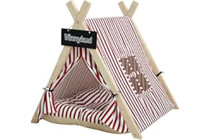 Vinnykud Pet Teepee with Cushion Dogs Tent Stripes Removable and Washable Portable Canvas Pet Teepee Tent with Window Dog Bed Play House for Dog Cat Rabbit Guinea Pig