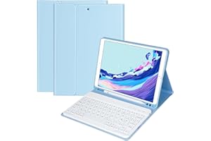 HOTLIFE Clavier Coque pour iPad 10.2 9ème/8ème/7ème Génération 2021/2020/2019/Air 3 2019/Pro 10.5, AZERTY Français Amovible Clavier Bluetooth sans Fil Etui Réveil/Sommeil Automatique(Bleu Clair)