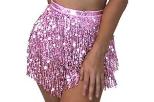 Flovel Jupe de Danse du Ventre pour Femmes, Jupes à Paillettes Scintillantes, Echarpe à Franges, Jupe Portefeuille de Fête, Costume Rave