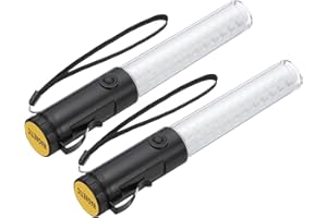 PATIKIL 2 Pack 11 Inch Signal Traffic Wand, Air Traffic Control Wand LED Flashlight with 3 Flashing Modes Side Clip Wrist Strap Lanyard for Parking Directing Guides, White