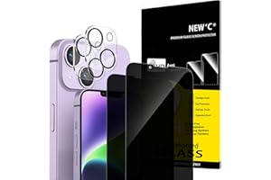 NEW'C 2 x Protector Pantalla privacidad para iPhone 14 Plus (6,7 Pulgadas) y 2 x Protector Pantalla Protector de Lente de Cámara - Cristal Templado- Ultra Resistente-Ángulo de Privacidad 28 Grados