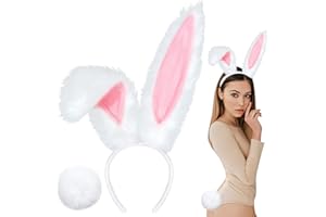ALUNME Bunny Costume Set, Black Bunny Ears Headband Bow Tie Cuffs Rabbit Tail Mesh Tights Stockings for Halloween Costume Cosplay Party
