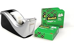 Scotch Magic Tape Dévidoir et 4 Rouleaux de Ruban Adhésif, Taille 19 mm x 33 mm, Couleur Noir et Argent - Support pour Ruban Adhésif pour l’École, la Maison et le Burea