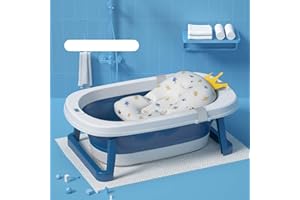 SINBIDE Bañera Plegable Bebé Con Hamaca de Baño Desmontable, Con Tapón de Drenaje, Con Pantalla de Temperatura, Bañera Plegable Antideslizante (Blanco-Bleu)