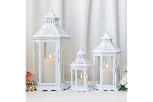 TRIROCKS Set di 3 Lanterne Decorative per Candele 46, 33,5 e 24 cm Alte, Portacandele in Metallo Vintage con Vetro Temperato per Natale, Soggiorno, Giardino, Patio (Bianche)