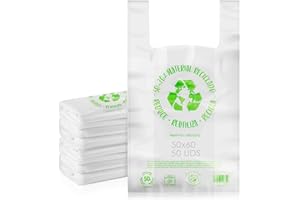 MARCPRINT Bolsas plastico. Bolsas con Asas Tipo Camiseta. Bolsa Porta Alimentos. Pack Bolsa de Plastico, Resistentes y Reutilizables. Material Reciclado 50-70%. Galga 200. (50x60-50 uds)