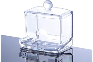 LEFSDVF Cotton Bud Holder, Clear Acrylic Cotton Swab Holder with Lid, Q-tip Dispenser for Bathroom Vanity Cotton Swabs, Makeup Organizer Box for Cotton Buds and Cosmetics, Container Storage Box