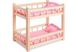 WOODTASTIC Lit Superposé Poupée en Bois - Lit Double Poupon Jusqu'à 35cm - Lit Jumeaux Poupon Faciles à Assembler, Linge Rose - 2 Matelas, 2 Oreillers Inclus - Lit Poupée Bois de Pin, 40x24x34cm
