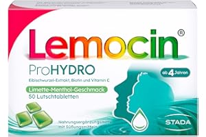 ‎LEMOCIN Lemocin ProHYDRO Lutschtabletten mit Limette-Menthol-Geschmack für Hals und Rachen - für Erwachsene und Kinder ab 4 Jahren - mit Vitamin C, Biotin und Eibischwurzelextrakt - 1 x 50 Stück