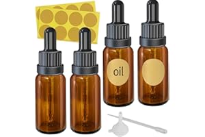 XYUXWLG Dropper Bottle, 4 Pcs 30ml Amber Glass Bottle with Glass Pipette Refillable Leakproof Come with 1 Funnel & 16 Labels Thick Dark Amber Glass Essential Oils Bottles for Aromatherapy Blend
