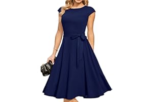 DRESSTELLS Robe Cocktail Mariage Vintage Robe Casual Femme Robe baptême col Rond Manches Courtes