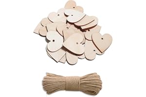 ‎CUWELT CUWELT 200 Stück 40mm Holzherzen Scheiben mit 30m Jute Schnur, 4cm Holzherzen Hochzeit, Naturholzscheiben mit Loch zum Beschriften, DIY Handwerk Verzierungen, Holzanhänger für Basteln Gästebuch
