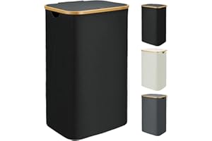 Bellzacasa Wäschekorb mit Deckel, 110L groß Wäschebox mit Bambus Henkel und Herausnehmbaren Wäschesack Laundry Basket with Lid, Faltbarer Wäschekörbe für Waschküche, Schlafzimmer, Badezimmer (Schwarz)