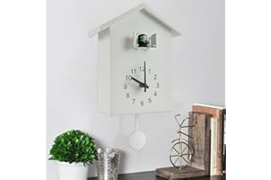 Fyeme Moderne Kuckucksuhr Wanduhr Kuckucksuhr mit Vogelstimme Moderne Kuckucksuhr mit Pendel 25 x 20 x 9 cm für Zuhause Wohnzimmer Küche Büro Dekor (Weiß)