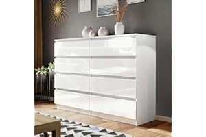 LSLIFE White Chest of Drawers 8 Drawer Dresser Storage Cabinet High Gloss Bedside Table Cabinet for Bedroom Living Room Office 120 (L) x 99(H) cm (White-8 Drawer Cabinet)