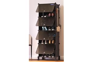 BOXJOY 8 Shelf Shoe Rack with 4 Black Doors, 5 Hook Steel Holder & Wooden Hammer for Home Storage PP Plastic Organizer with Metal Door Frame to Cover Chappal Slipper Sandals Shoes Box Stand (Black)