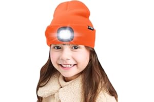 ATNKE Kids LED beleuchtete Mütze mit Licht, USB Wiederaufladbare 4 LED Scheinwerfer wasserdichte Winterwärmer Strick Nachthüte mit leichten Jungen Mädchen