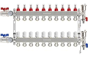 VANCOCO Heating Circuit Distributor Stainless Steel for 10 Heating Circuits with Euro Cone 3/4 (16 x 2 mm), Underfloor Heating Distributor with Flow Meter, Quick Bleeder Set, 1 Inch Ball Valves and