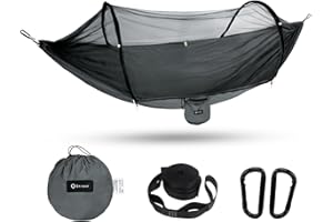 ‎BTRWOR BTRWOR Hängematte, Hängematte Outdoor mit Moskitonetz | Nylon Camping Reisehängematte | 300kg Traglast | 260x140cm | Campingzubehör für draußen, drinnen mit Baumgurten (Dunkelgrau)