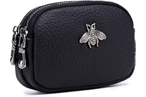 ALOUWEEKUKY Monedero de Cuero Genuino para Mujer - Doble Cremallera Bolsa de Cambio de Abeja Monedero Portatarjetas Monedero Mini Simple Monedero Lindo útil para Damas Mujer
