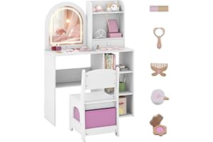 ‎COSTWAY COSTWAY 2 in 1 Kinder Schminktisch mit Beleuchtung, Frisiertisch Holz mit 3-farbig beleuchtetem Spiegel, Schubladen, 3 Haken & Zubehör, Kinderschminktisch Prinzessin Set für Mädchen ab 3 Jahren (Weiß)