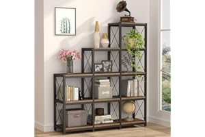 Tribesigns Libreria a 12 ripiani, scaffale ad angolo industriale con 9 cubi a gradini, libreria Etagere rustica a 5 livelli, organizer per la casa e l'ufficio (marrone scuro)