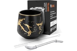 TELANKS Modernes Mate Becher 200 ml, Yerba Mate Becher Keramik, Marmor Mate Tee Tasse, Mate Tee Set, Mate Bombillas (Strohhalm) und eine Reinigungsbürste (Schwarz)