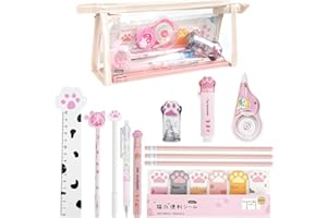 DIBALIYI 13 PCS Set Cartoleria con Zampa di Gatto, Mini Rullo per Matite Kawaii Cartone, Gomma Retrattile, Nastro Correttore, Pennarelli, Righello, Note Adesive per Bambini Surligneurs pour Cadeau Fille