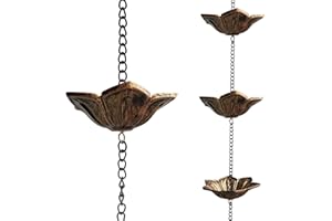 Qipade Rain Chain, 8.3ft Copper Lotus Shape Rain Chain for Eaves Drainage, Outdoor Decor (12 Cups)
