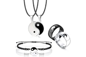 LOLIAS 6 Piezas a Juego Yin Yang Collar Pulseras Anillos Conjunto Pareja Collar Pulsera Anillos para él Y Ella a Juego Yin Yang Collar Novio Novia Amistad San Valentín Joyería Regalo