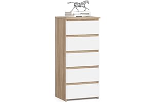 AKORD | Cómoda con 5 cajones | Cómoda Alta | Mueble Moderno para Sala de Estar, Comedor, Dormitorio, Entrada, baño | Armario para habitación Infantil | 35x40x92 cm | Roble Sonoma & Blanco Frente