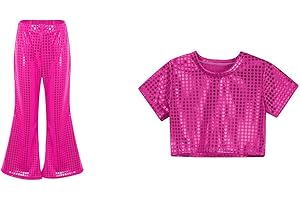 BKAZWE Danse Hip Hop T-Shirt et Pantalon Ensemble 2 pièces Métallique Enfant Fille Paillette Haut Manches Courtes Top Brillant Tenue Danse Modern Jazz Dancewear Costume Disco Carnaval 1-16 Ans
