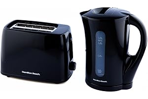 Hamilton Beach Black Kettle and Toaster Set, Essential, Electric Kettle 1.7L, Wide Slot Toaster 2 Slice, Boil Dry Protection, 6 Browning Levels - HBESSB