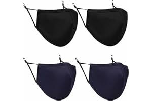 RSYHVG UK 4 Pack Reusable Cotton Face Masks, 2 Navy Blue, 2 Black Mask with Nose Wire for Glass Wearers, 3-Ply Washable & Breathable Fabric with Filter Pocket & Adjustable Loops