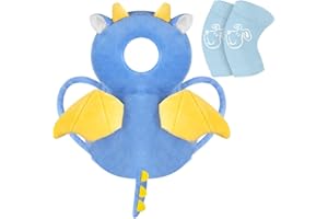 Vicloon Protector de Cabeza para Bebe, Cojín Protector Seguridad Bebe con Rodilleras, Ajustable Almohada Protección Bebe, Protección para Cabeza y Espalda del Niños para Gatear y Caminar-Dragón azul