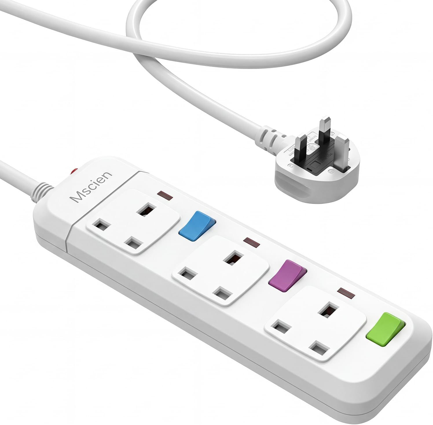 Mscien Extension Lead 1M 3 Way, Fused 3 plug Extension Socket with Individual Switches Mountable Overload Protection Power Strips with 1 Metre Extension cable 2500W