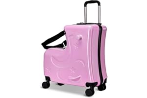 CyyKcc Ride on Luggage for Kids, PinkTravel Suitcase with Seat for Toddler, 51x20x51cm Hard Shell Luggage on Wheels for Airplane, Train, Car (Usually Cant be Carry-On)
