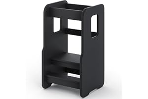 ComfortCove Lernturm ab 1 Jahr, Sicherer & Stabil Tritthocker Kinder, 3-stufig höhenverstellbarer Lernturm für Kinder, Montessori Learning Tower für Kleinkinder, Kinderstuhl Holz, Schwarz