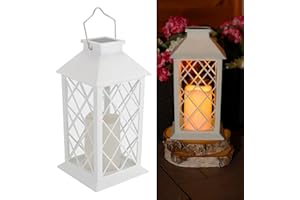 LUMILED Latarnia solarna, zewnętrzna, zewnętrzna, szklana latarnia LED, lampa solarna, świeca, efekt płomienia, IP44, vintage, biała, wisząca, dekoracyjna lampa zewnętrzna, lampa ogrodowa, 1 sztuka