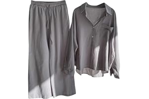 RLEHJN Two Piece Linen Outfit Women UK Sale Plus Size 22,Ladies Linen Co Ord Set Summer Long Sleeve Button Shirts Wide Leg Trousers Loungewear Beach Suit Tracksuits for Going Out Holiday Clearance