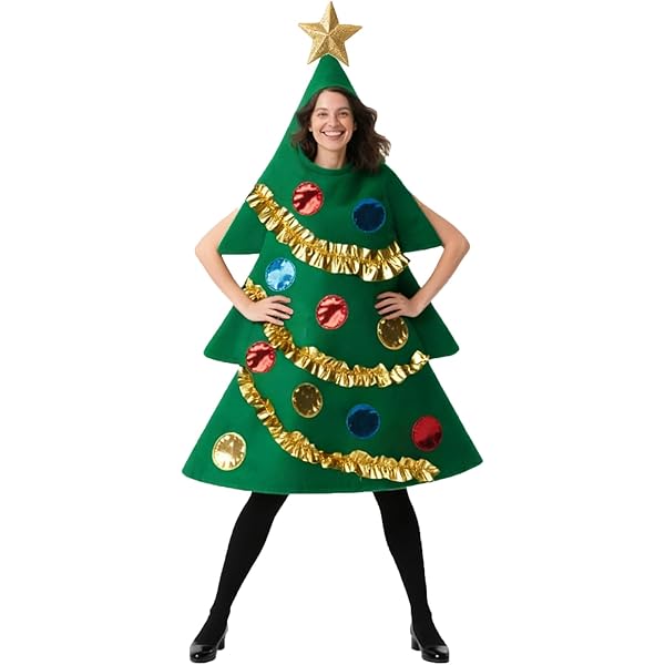 Costume Déguisement Sapin De Noël Adulte - Taille Unique, Avec étoile Dorée Et Décorations Rouges