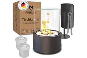 ‎MONSTER24 Monster24 Einzigartiger Tischkamin mit Abdeckhaube 36x26x26 cm | Tischfeuer inkl. Dekosteine und 2 Brennkammern für unendliche Brenndauer | Bio Ethanol Kamin Indoor Outdoor | Terassenfeuer | Balkon