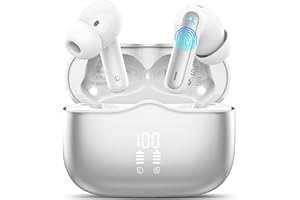 XINWLD Bezprzewodowe słuchawki douszne Bluetooth 5.3, 4 mikrofony z redukcją szumów ENC, wodoodporne słuchawki IP7 z czasem odtwarzania 40 godzin, mini ultralekkie, srebrne