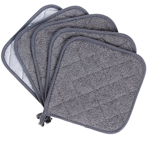 100% Baumwolle Küche Everyday Basic Terry Topflappen hitzebeständig Untersetzer Topflappen für Kochen und Backen Set von 5 (Grau)