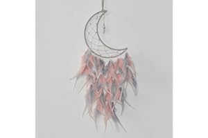 YNR Attrape-rêves en forme de lune fait à la main - Pendentif turquoise porte-bonheur - Décoration murale pour chambre d'enfant - Cadeau artisanal (rose et gris)