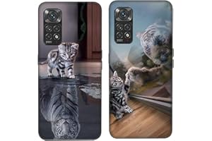 DiaryTown 2 Piezas para Fundas Xiaomi Redmi Note 11 4G Carcasa TPU Silicona Suave, con Diseño Bonito Cubierta Protectora Antigolpes Negro Case para Xiaomi Redmi Note 11S 4G - Gato y Tigre
