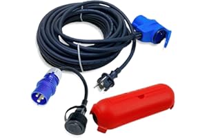 INTUIFLEX H07RN-F Câble adaptateur CEE 15 m coudé vers fiche Schuko + câble adaptateur CEE et boîte de protection rouge – H07RN-F 3 x 2,5 mm² 230 V 16 A – Kit de câbles de camping pour camping-car, caravane,