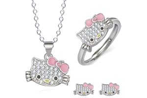 JAWUZ 3 Stück Hello Kitty Kette, Schmuck Set, Set Ring Und Kette Ohrringe Für Hallo Kitty,Kawaii Diamant Katze Halskette,Jewelry, Geschenke Für Mädchen(A)