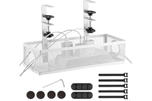 iNextStation Under Desk Cable Management Tray, Cable Organisers Under Desk, No Damage to Desk, Cable Rack with Clamp for Desk Wire Management, No Drill Cable Tidy Box for Office Home, White